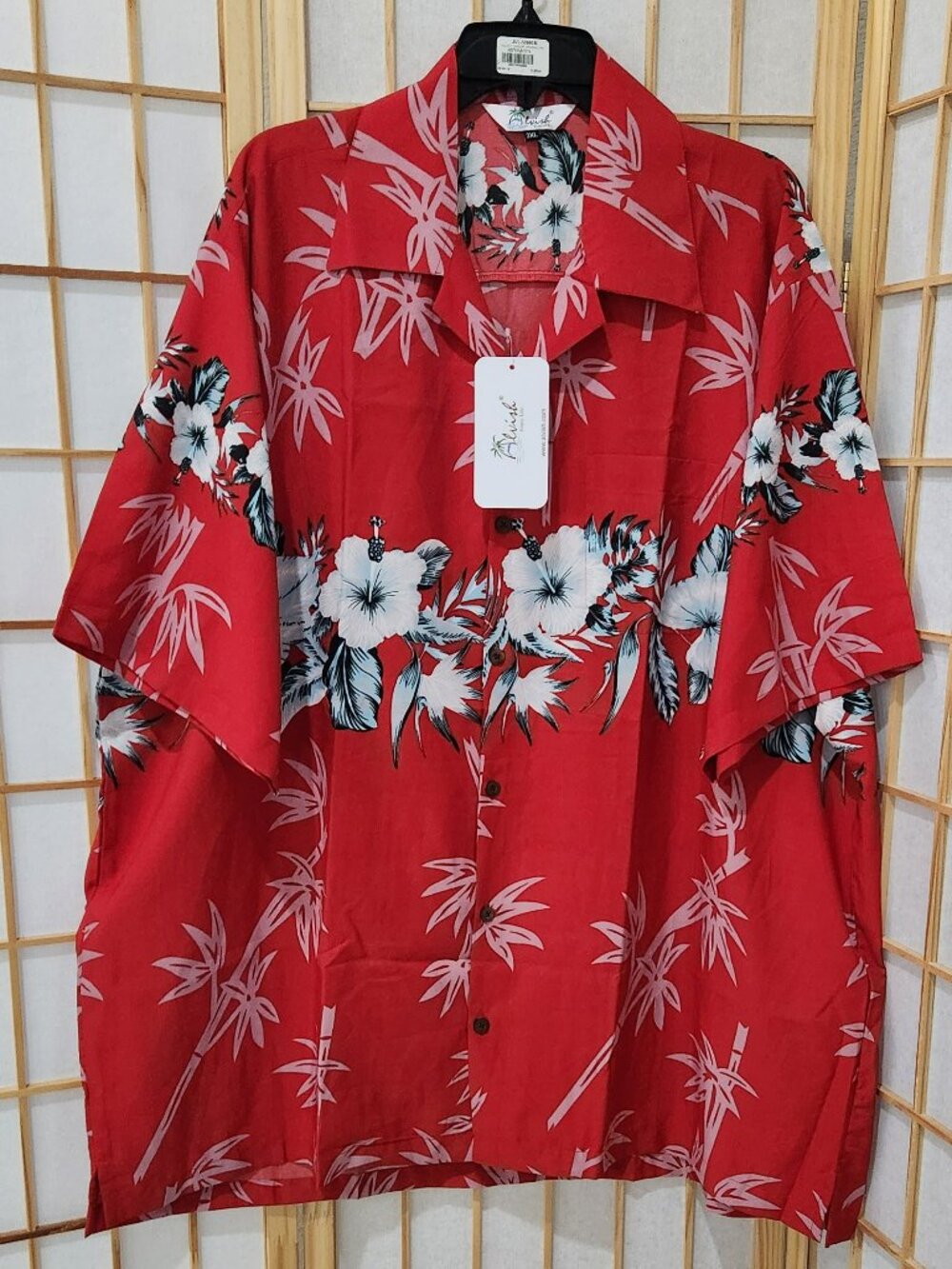 Alvish Men’s Hawaiian Shirt Red Floral Tropical Button Down Sz 3XL